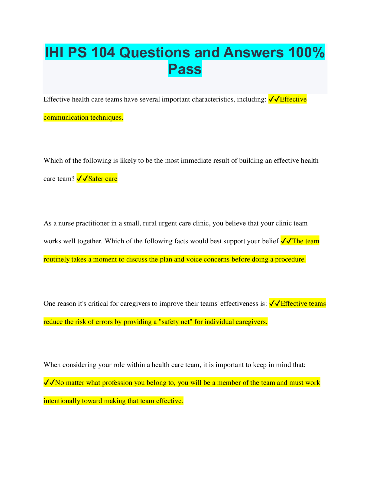 Preview of IHI PS 104 Questions and Answers 100% Pass